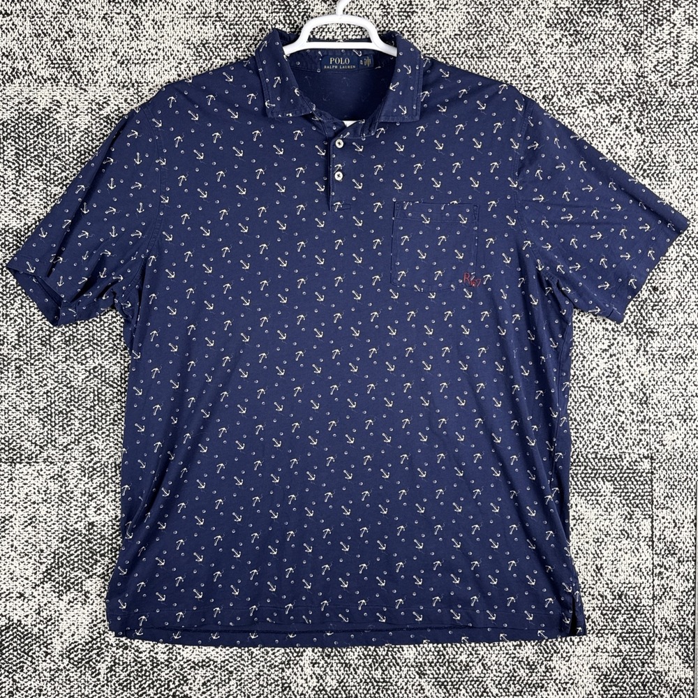 Polo Ralph Lauren Short Sleeve Polo Shirt Mens XL Anchor‎ Print r67 Blue